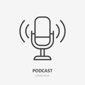 Podcast line icon, vector pictogram of microphone with sound waves. Audio illustration, sign for music studio