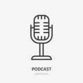 Podcast line icon, vector pictogram of retro microphone. Audio illustration, sign for music studio