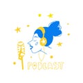 Podcast logo girl. Young female blogger speaking in microphone with headphones