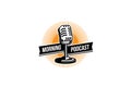 Podcast logo template. Mic microphone and sunrise illustration. Design element for karaoke, podcast, singer logo