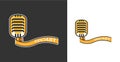 Podcast logo template with microphone and banner in yellow color