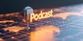 Podcast microphone with illuminated text on digital map background