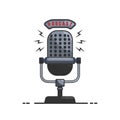 Podcast. Microphone illustration in flat style isolated on white background. Design element for emblem, sign, flyer, card, banner. Royalty Free Stock Photo