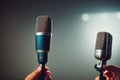 Podcast microphone on a tripod, a black metal dynamic microphone in recording studio background, for recording podcast