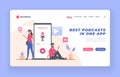 Podcast mobile app advertising landing page or poster template. Male and female cartoon characters listening to podcast