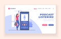 Podcast mobile app advertising landing page or poster template. Woman listening podcast in public transport