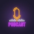 Podcast neon sign. Bright glowing studio microphone and text Podcast.