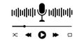 Podcast player interface with microphone, sound wave, loading progress bar and buttons. Simple audio player panel
