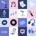 Podcast pop art poster with illustrations of professional microphones, headphones, notebook and abstract doodle