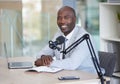 Podcast, portrait and black man with microphone, radio broadcast or content creation in office, laptop and planning