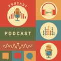 Podcast radio icons illustration. Studio table microphone with broadcast text on air. Royalty Free Stock Photo