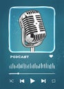 Podcast screen player with a big microphone hand-drawn illustration