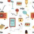 Podcast seamless pattern background with audio elements isolated Royalty Free Stock Photo