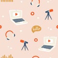 Podcast seamless pattern. Vector background for blogging, vlogging and live streaming.