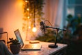 podcast setup with microphone in a cozy room lit by warm ambient lights and surrounded by plants