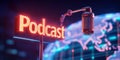 Podcast sign illuminated in vibrant orange lights with microphone Royalty Free Stock Photo