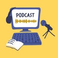 Podcast. Sound digital recording, editing, broadcasting with lettering.