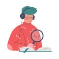 Podcast or Spoken Episodic Serie Listening with Man Character with Headphones and Magnifying Glass Reading Book Vector