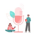 Podcast or Spoken Episodic Serie Listening with Man and Woman Character Near Huge Microphone Using Mobile Gadget Vector