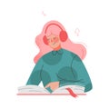 Podcast or Spoken Episodic Serie Listening with Pink Haired Woman Character in Headphones Reading Book Vector