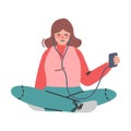 Podcast or Spoken Episodic Serie Listening with Woman Character Sitting Cross Legged with Earphones and Smartphone