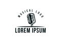 Podcast station. Emblem template with retro microphone. Design element for logo