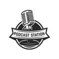 Podcast station. Emblem template with retro microphone. Design element for logo, label, emblem, sign. Royalty Free Stock Photo