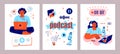 Podcast streaming cards. Bloggers in studio recording, people in headphones with mic, audio entertainment, radio studio