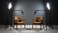 Podcast studio setup with microphones chairs and lighting for recording interviews Royalty Free Stock Photo