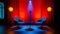 Podcast Studio Setup Two Chairs, Microphone, Red Brick Wall, Dramatic Lighting Royalty Free Stock Photo