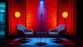 Podcast Studio Setup Two Chairs, Microphone, Red Curtains, Brick Wall, Stage Lights Royalty Free Stock Photo