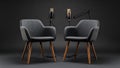 Podcast studio setup with two chairs and microphones against a dark background. Royalty Free Stock Photo