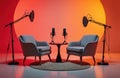 Podcast studio setup with two chairs microphones and small table. Recording equipment with studio lighting. Two microphones ready Royalty Free Stock Photo