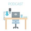Podcast table with computer, microphone and headphones. - Flat Royalty Free Stock Photo