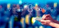Podcast theme with person using a smartphone at night Royalty Free Stock Photo
