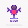 Podcast thin line icon: microphone. Modern vector illustration for logo