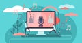 Podcast vector illustration. Flat tiny e-radio talk show persons concept.