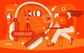 Podcast. Woman sitting in headphones with microphone, abstract poster in orange colors poster. Radio banner, digital