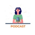 Podcaster with headphone listening and recording audio podcast, online show vector flat illustration. Smiling women with