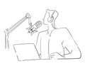 Podcaster use headphone microphone hand drawn sketches white isolated background