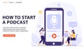Podcasting, broadcasting, online radio or interview concept. Woman with big smart phone using podcast application.