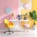 Podcasting home office with microphone and computer. Modern content creator workspace with colorful pastel decor. Royalty Free Stock Photo
