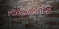 PODCASTS - Glowing Neon Sign on stonework wall - 3D rendered royalty free stock illustration