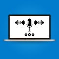 Podcasts,radio, online courses. Young people record episodic series of digital audio files, an online show. Large microphone,