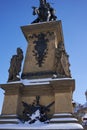 Podebrady, Czech Republic - February 14, 2021 - the equestrian statue of George of Podebrady on Podebrady Square in a beautiful su