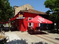 Podgorica, Montenegro - June 27, 2019. Burger Factory restaurant in Herzegovacka street of Podgorica. Sunny summer view.