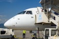 Passenger plane of Polish airlines LOT at the airport in Podgorica in Montenegro