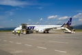 Passenger plane of Polish airlines LOT at the airport in Podgorica in Montenegro