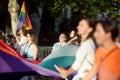 Podgorica, Montenegro - October 8, 2022: View group of people holding large rainbow flag during the Ten Lgbt Pride Parade held in