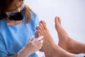 Podiatrist treating feet during procedure